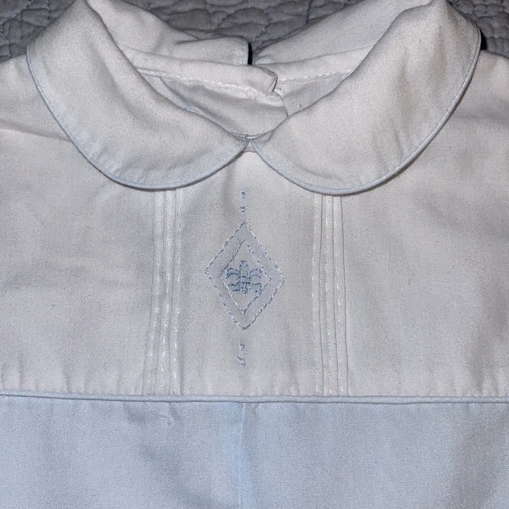 Petit Ami blue and white one Piece fleur-de-lis embroidery 6 months